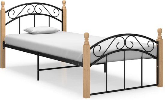 The Living Store Metalen Bedframe - Trendy - Bed - 210 x 97 x 90 cm - Ken- Gepoedercoat metaal en massief eikenhout