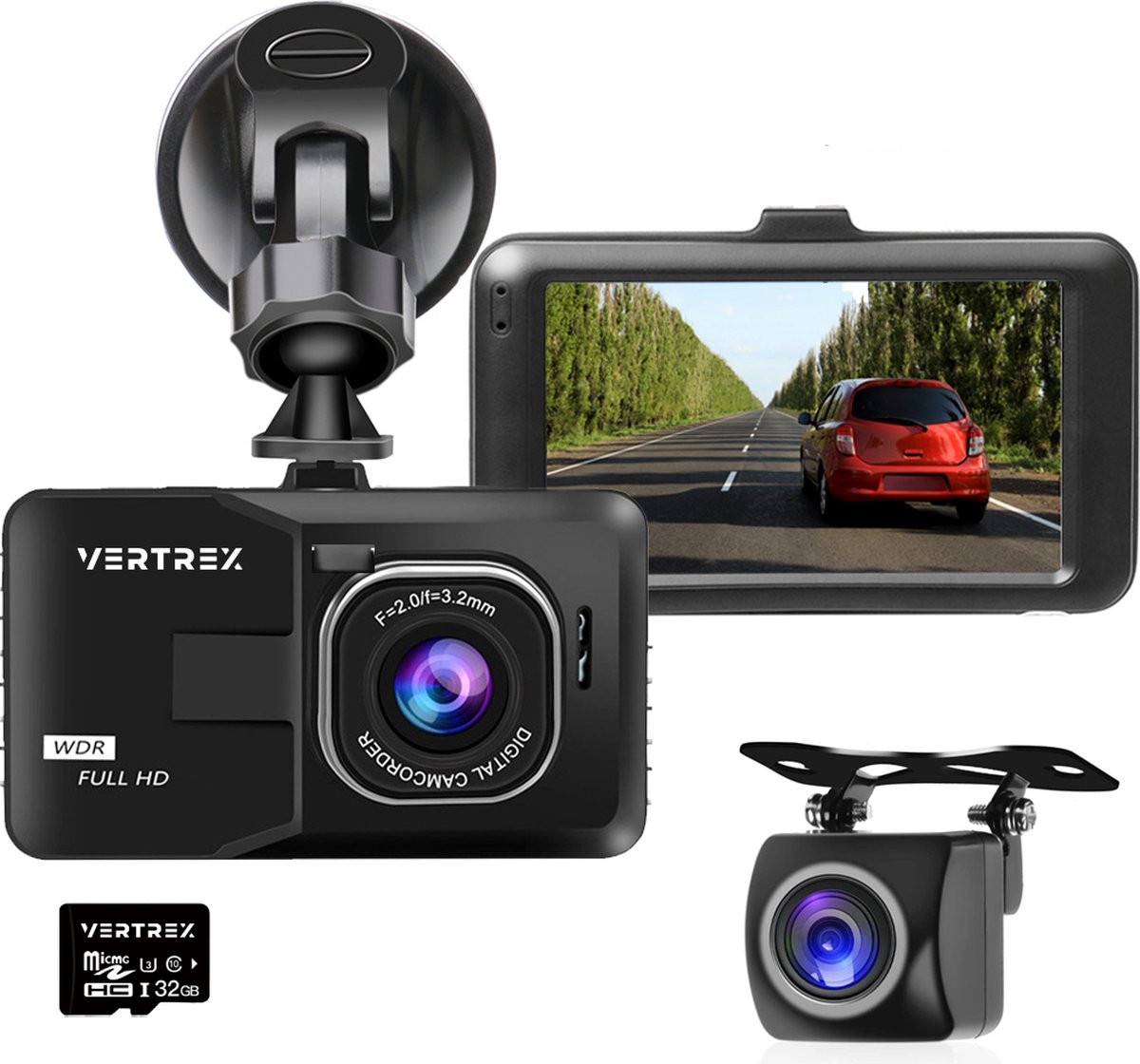 VERTREX Dashcam voor Auto 1080P Full HD - Voor en Achter - Dash cams - Nachtvisie - G-Sensor - 170° Wijdhoeklens - 3,0