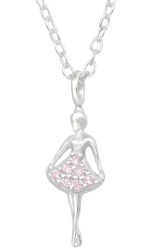Joy|S - Zilveren ballerina hanger - roze zirkonia - inclusief ketting 39 cm (extra oogje op 36 cm)
