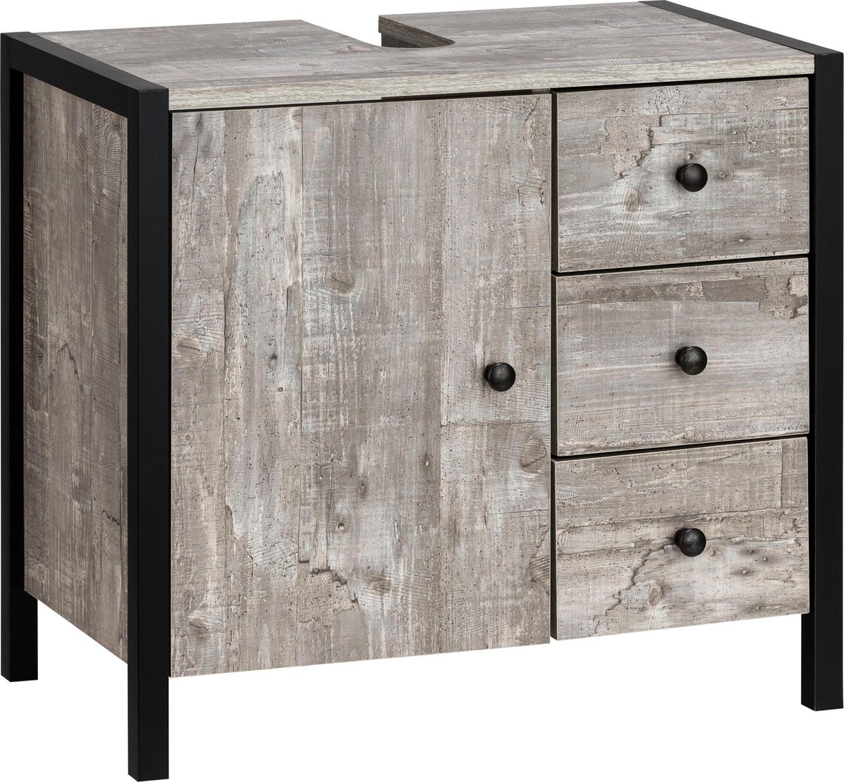 Chris-Wastafelmeubel - 1-deur 3-laden - Eiken/Zwart