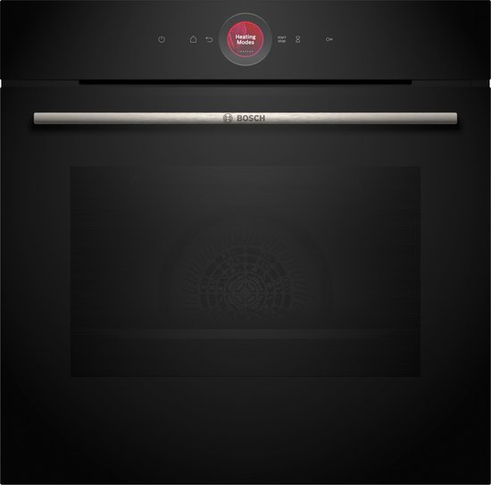 Zwarte Bosch oven met een roestvrijstalen handgreep en een digitaal touch display.
