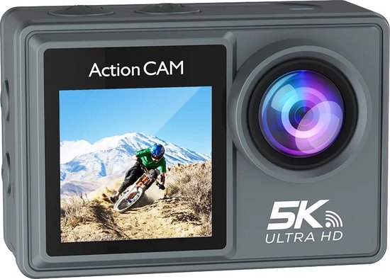 Grijze actiecamera met een motorcrosser op het scherm. 5K ULTRA HD.