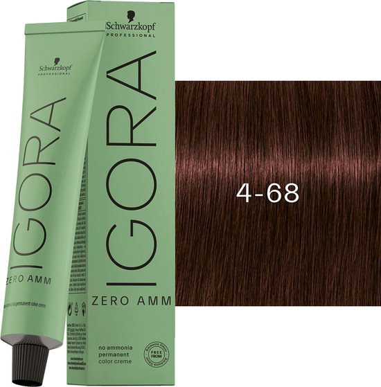 IGORA ZERO AMM verpakking naast een staal van bruin haar met nummer 4-68.