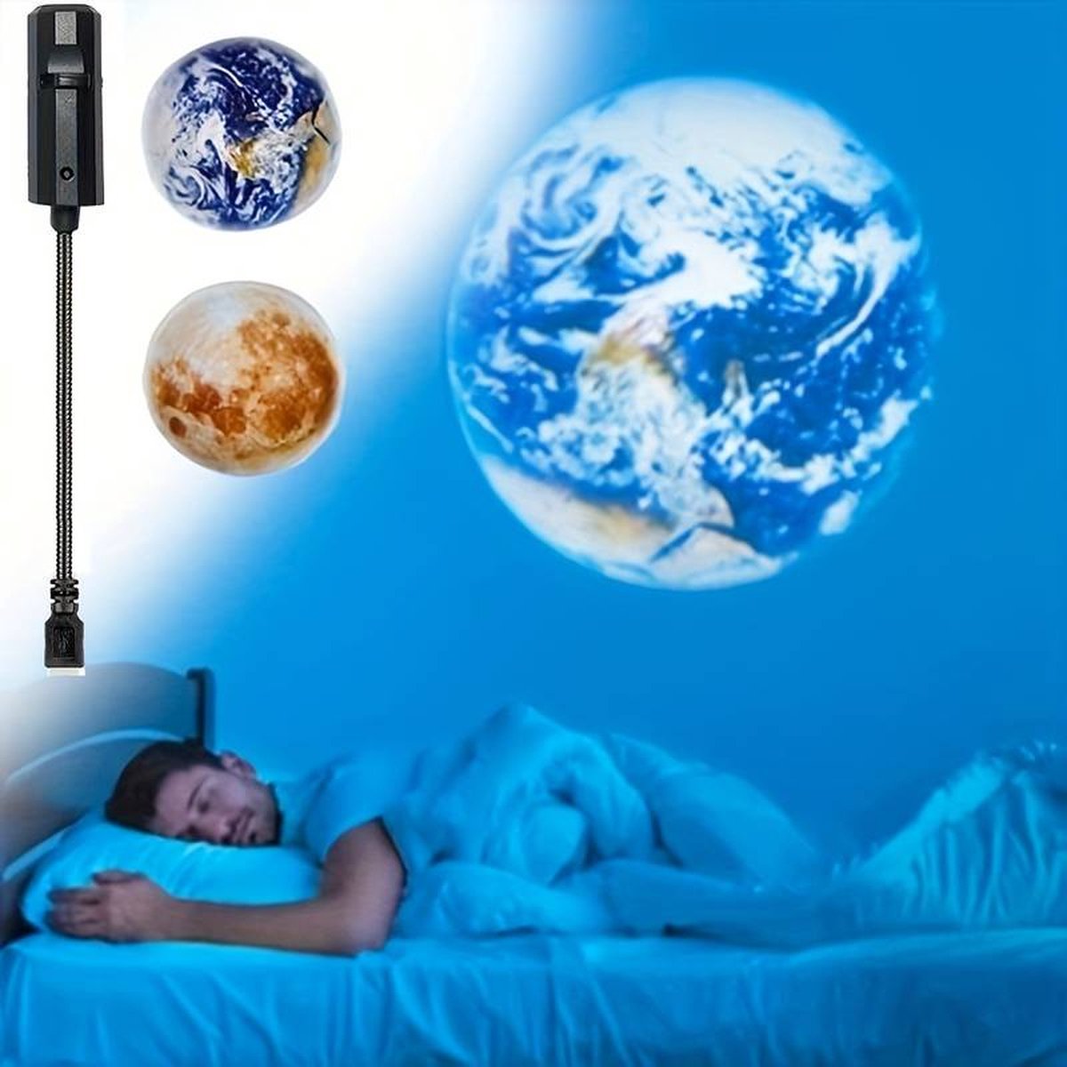 Projecteur Lune Terre - Lampe LED - 360° - Lumière Rotative - USB