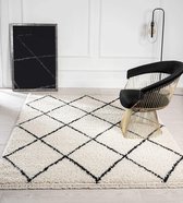 the carpet Bahar Shaggy Hoogpolig (35 mm) Langpolig Woonkamerkleed Ruitjespatroon Crème-Zwart 200x290 cm