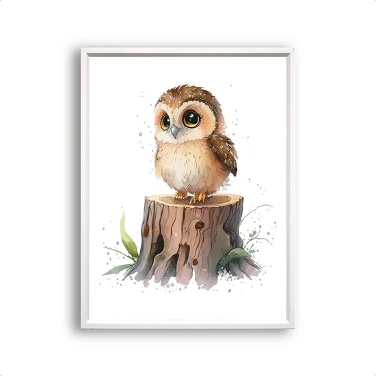 Postercity - Poster Aquarel Baby Uil op Boomstronk - Waterverf - Bos Dierenposter - Babykamer / Kinderposter - Muurdecoratie - 40x30cm