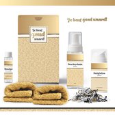 Geschenkset “Je bent goud waard!” - 5 producten - 400 gram | Luxe Cadeaubox voor haar - Wellness Pakket Vrouw - Giftset Vriendin - Moeder - Cadeaupakket Collega - Cadeau Zus - Verjaardag Oma - Moederdag - Kerstpakket - Kerst Cadeau - Goud