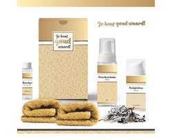 Geschenkset “Je bent goud waard!” - 5 producten - 400 gram - Triomf Cosmetica | Cadeau Vrouw Wellness Pakket Vrouw Giftset Vriendin Moeder Cadeaupakket Collega Cadeau Zus Verjaardag Oma Moederdag Kerstpakket Kerst Cadeau Goud