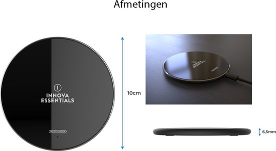 Zwarte ronde draadloze oplader van 10cm diameter en 6,5cm dikte. "Innova Essentials Fast Charger".