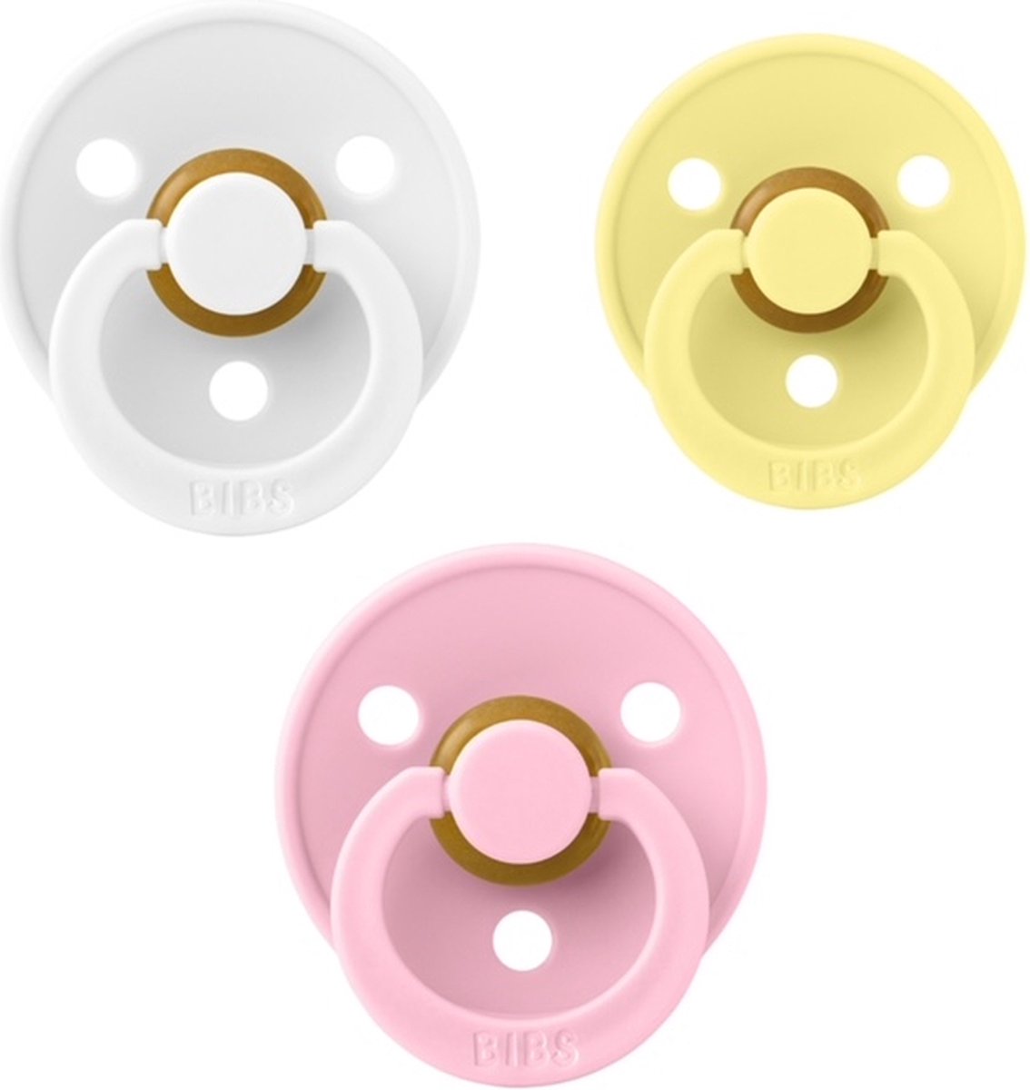Goedkoopste Bibs fopspeen 0-6 maand set 3 stuks Baby Pink,White en Sun Shine maat 1