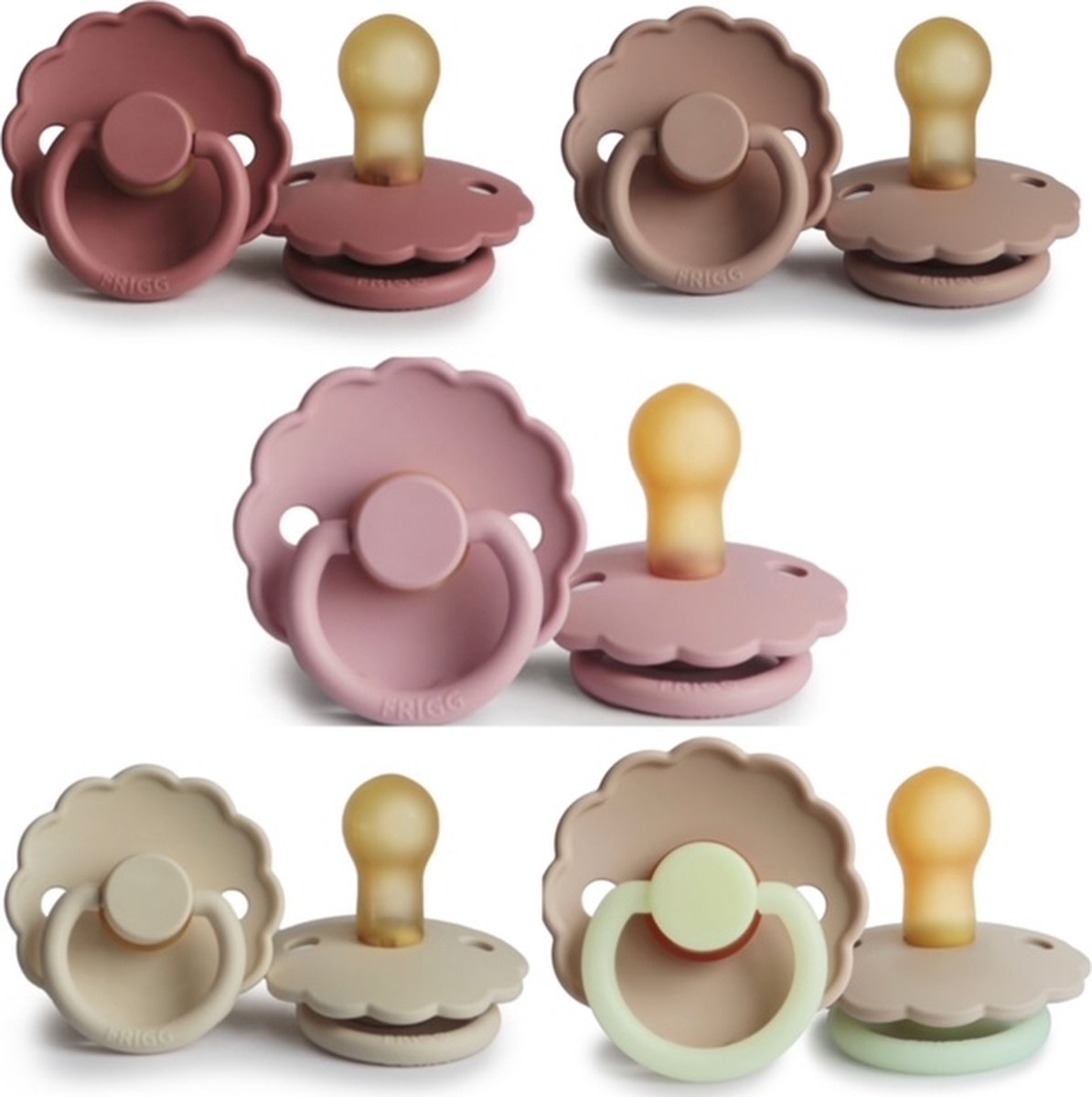 Goedkoopste FRIGG DAISY Fopspeen set 5 stuks Powder Blush,Baby Pink,Blush,Cream en Croissant night Glow 0-6 maand