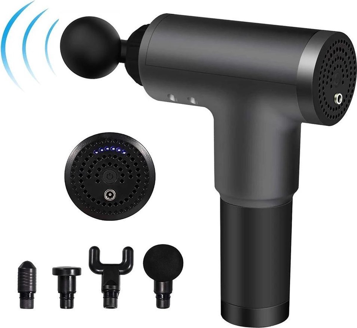 Afbeelding 2 van Zwarte Massagegun + 4 Opzetstukken - Massagepistool - Massage Gun met 6 standen - Massage Pistool - Massageapparaten - Draadloos - professioneel - Sport