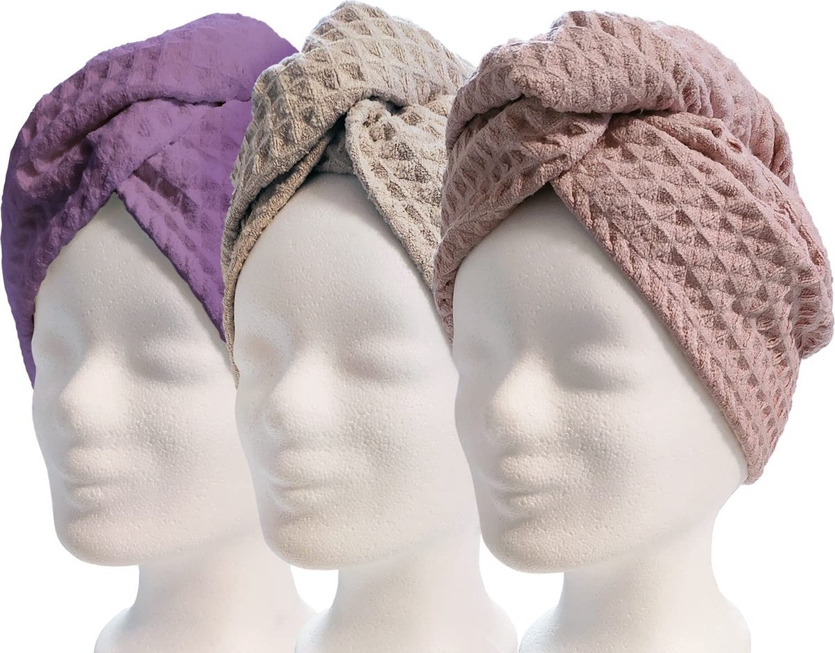 Haartulband, haardrooghanddoek, set van 3, sneldrogende microvezeldrooghanddoek met knoop (set van 3, paars, crème en roze)