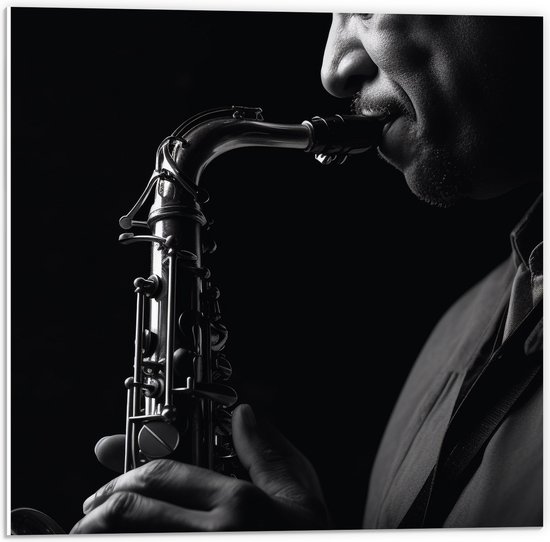 PVC Schuimplaat- Man Blazend op Trompet (Zwart-wit) - 50x50 cm Foto op PVC Schuimplaat