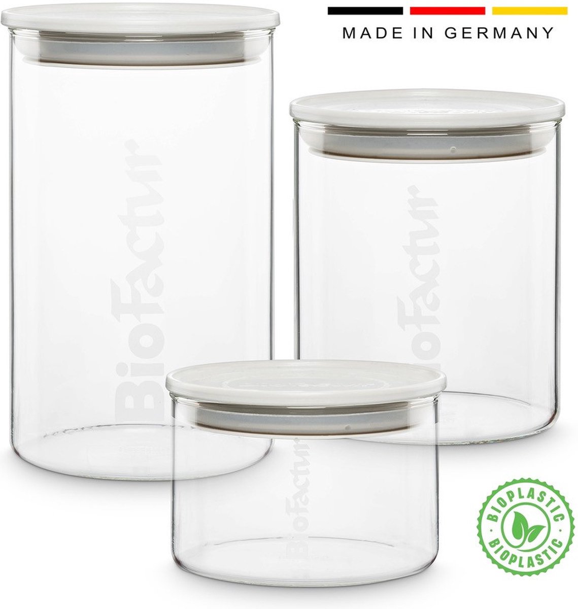 BioFactur glas voorraadpotten – 3 Delige set - Deksel van bioplastic – Glazen potjes