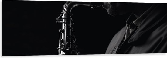 Dibond - Man Blazend op Trompet (Zwart-wit) - 150x50 cm Foto op Aluminium (Wanddecoratie van metaal)