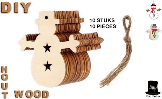 Bob Online™ - 10 Stuks - Houten Sneeuwpop Vormen - Kerst Decoratieve Versiering - Sneeuwpop Houten Schijven - Kerstboom Sneeuwpop Hangers - DIY - Kerst Slingers Maken – 10 Pieces Wooden Snowman Shapes – DIY Snowmen Christmas Tree Ornaments – Jute