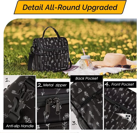 Koeltas Kleine opvouwbare geïsoleerde lunchtas Picknicktas Thermische tas voor dames Volwassenen Lunchbox-container met schouderriem Voorvak voor werkpicknick (witte bloem) van KOEL — afbeelding 4
