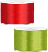 Rubans décoratifs/rubans cadeaux/rubans de satin - Set 2x pièces - rouge et vert - 38 mm x 25 mètres