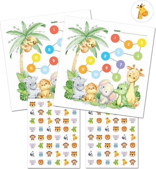 Beloningssysteem met Stickers - Beloningskaarten Junglevriendjes + Beloningsstickers - Beloningssysteem Kinderen - Aftelkalender - Zindelijkheidstraining Kind - Zindelijkheidstraining - Belonen met Stickers - Stickervellen + Beloningskaarten