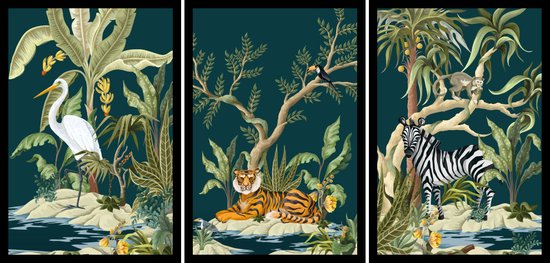 Poster Jungle reiger, tijger en zebra - Kinderkamer poster - Babykamer poster - Dieren poster - Kinderkamer decoratie - 21x30 cm - A4 - Exclusief lijsten - WALLLL
