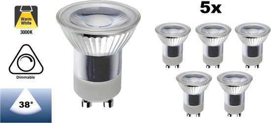 5 PACK - MR11 (35mm) GU10 LED Spot 3w, 300 Lumen, 3000K Warm Wit, Glas, Dimbaar, Lichthoek: 38°