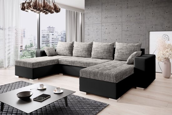canapé d'angle Merze - canapé d'angle avec fonction couchage et espace de rangement - noir + gris - sièges et lits