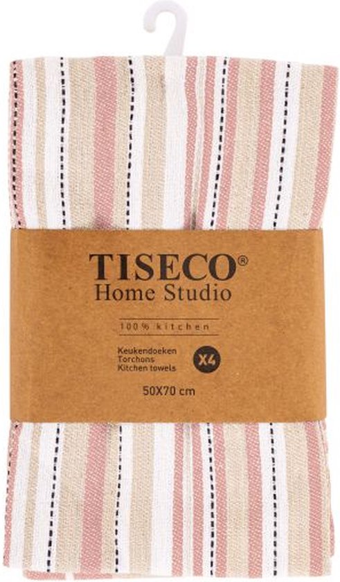 Tiseco Home Studio - Torchon MULTILINES - SET/8 - 100% coton - ultra-absorbant - séchage rapide - matériau durable - 50x70 cm - Rose