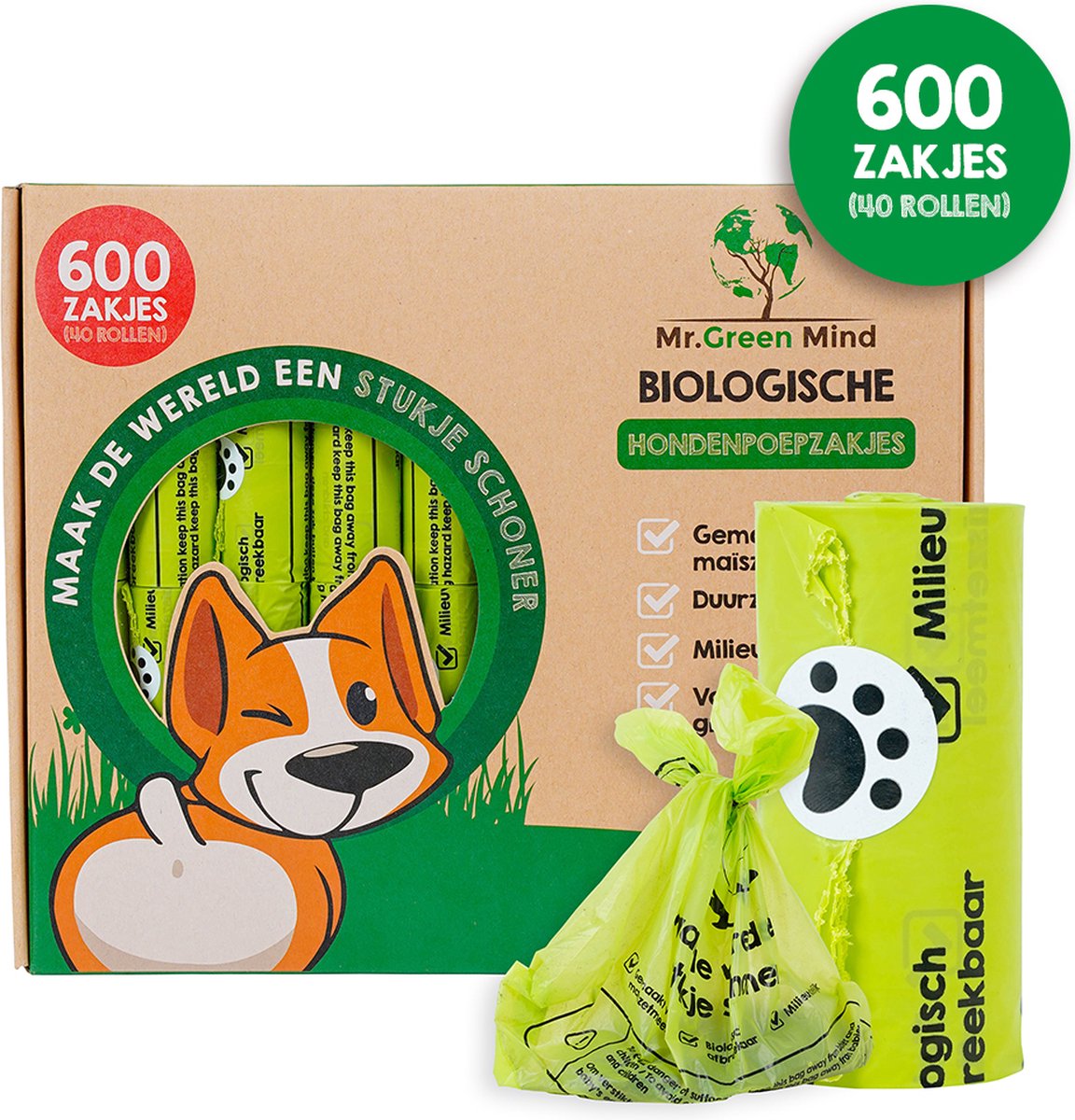 Mr. Green Mind Poepzakjes 600 stuks lekvrije Hondenpoepzakjes Biologisch Afbreekbaar - 40 rollen - Hond - Mr. Green Mind