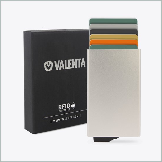 Valenta Porte-cartes Extensible - Argent - Aluminium Porte-cartes de crédit - Compact - Protégé RFID & NFC Porte-cartes - Système Easy Out - 7 cartes - Porte-cartes homme - Porte-cartes femme - Emballage cadeau