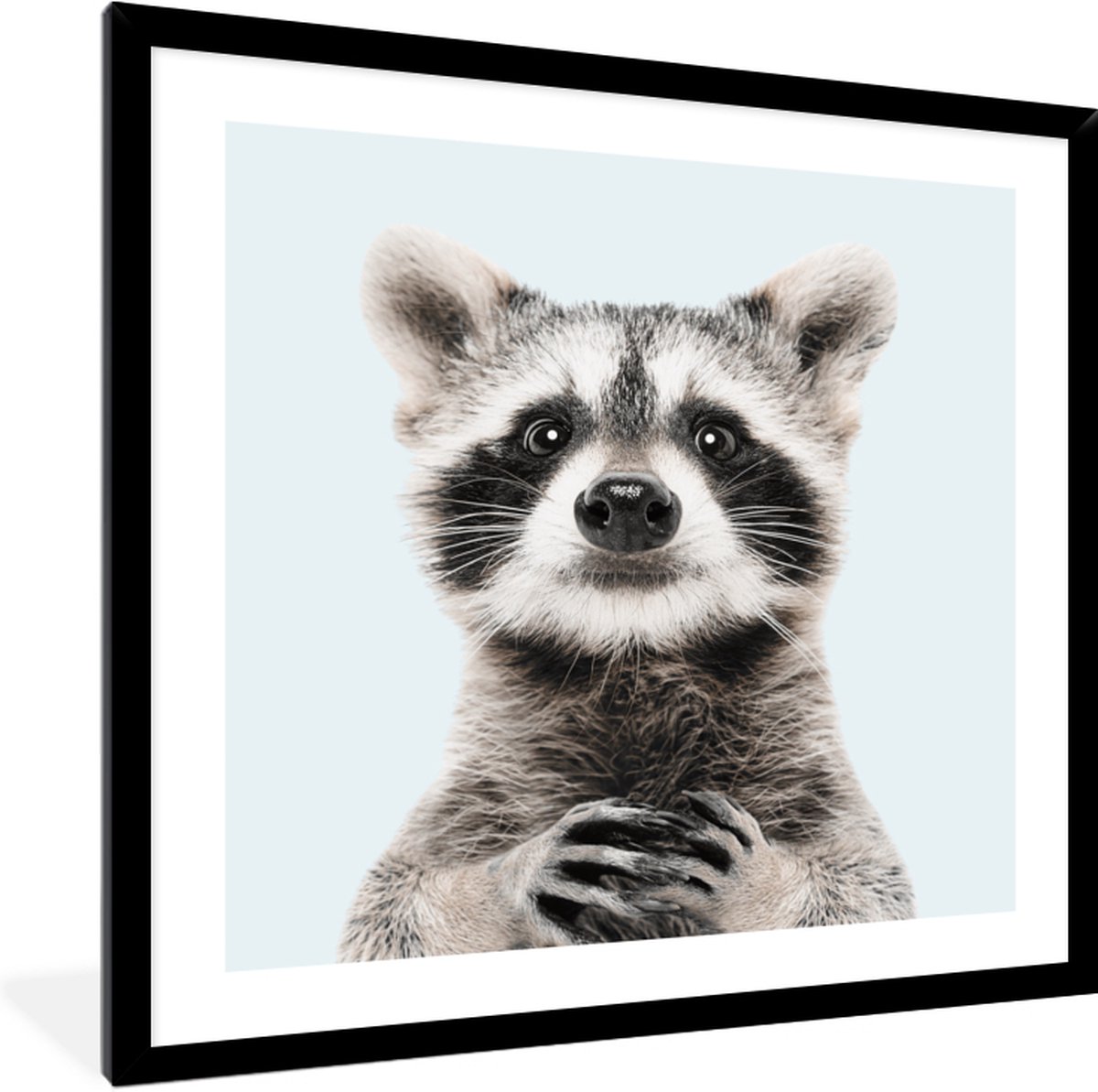 FrameYourWall Fotolijst met poster 40x40 - Wasbeer - Bosdieren - Blauw - Portret - Fotokader van hout - Kaders en lijsten - Houten fotolijstje - Wissellijst voor muurposter - Picture en photo frame - Posterlijst - Fotohouder Wasbeer - 40x40 cm