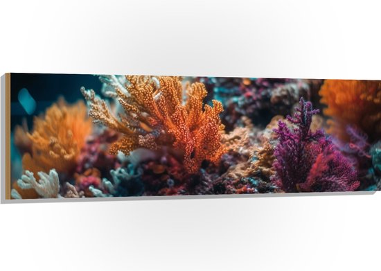 Hout - Kleurrijk Zoetwater Koraal op Zeebodem - 150x50 cm - 9 mm dik - Foto op Hout (Met Ophangsysteem)