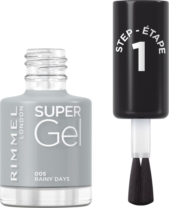 Rimmel Super Gel nagellak 005 Rainy Days, grijstint, met borsteltje.