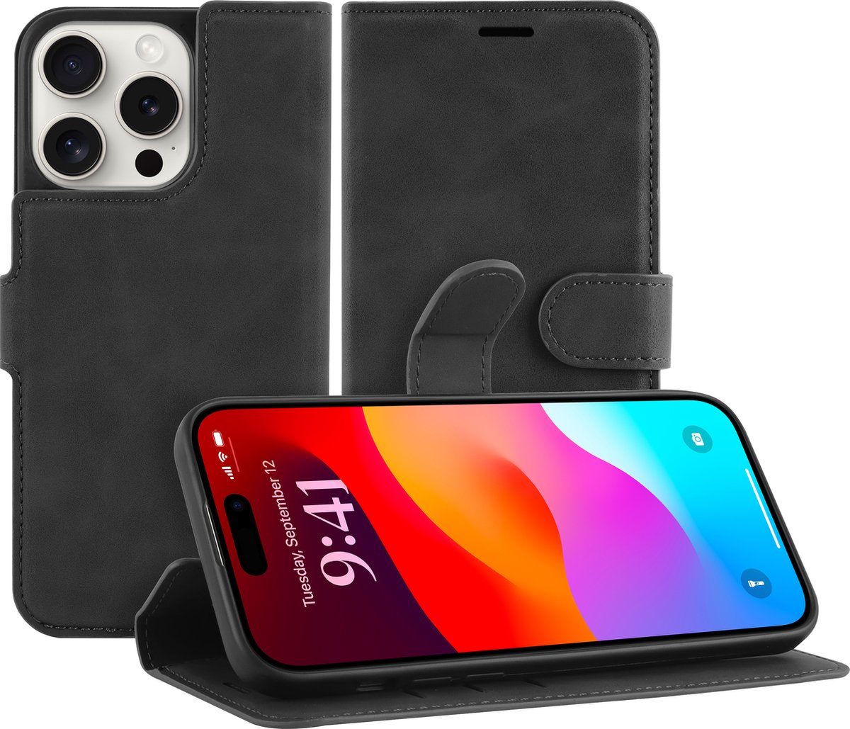 Cazy hoesje geschikt voor iPhone 15 Pro Hoesje met Pasjeshouder - Premium Bookcase - Zwart