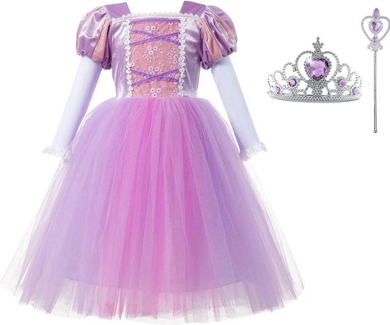 Prinsessenjurk meisje - Paarse Jurk - Het Betere Merk - maat 146/152 (150) - Verkleedkleding Meisje - Tiara+Toverstaf - Speelgoed meisje - Cadeau Meisje - Kleed - Verjaardag