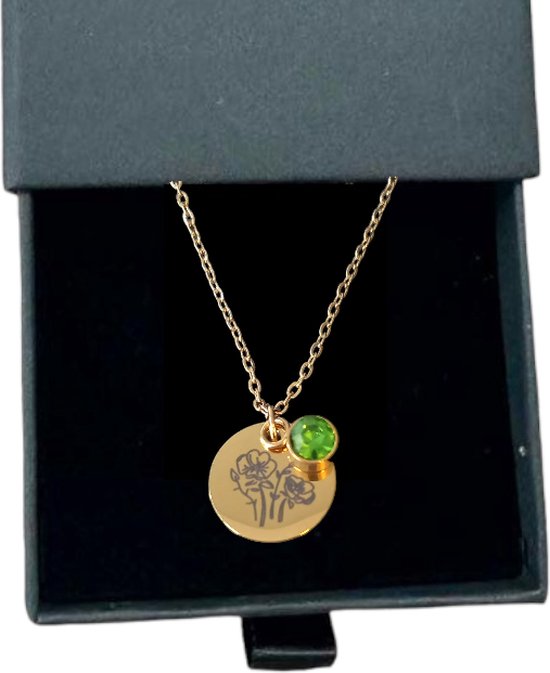 Rosey’s® - Geboortesteenketting augustus - Geboortesteen ketting - Goud - Geboortesteen met doosje - Birth flower - Geboortesteen - Babyshower - kraamcadeau - moederdag - geboortesteenketting - cadeau vrouw - Geboortesteen ketting augustus