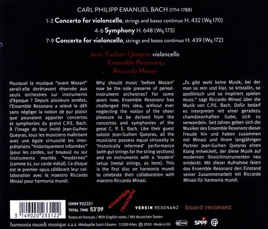 CDhoes met zwarte achtergrond, gedetailleerde tekst over de muziek en uitvoerders, en een barcode.