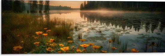 Dibond - Gele Bloemen Dobberend op het Water bij Bomen - 90x30 cm Foto op Aluminium (Met Ophangsysteem)