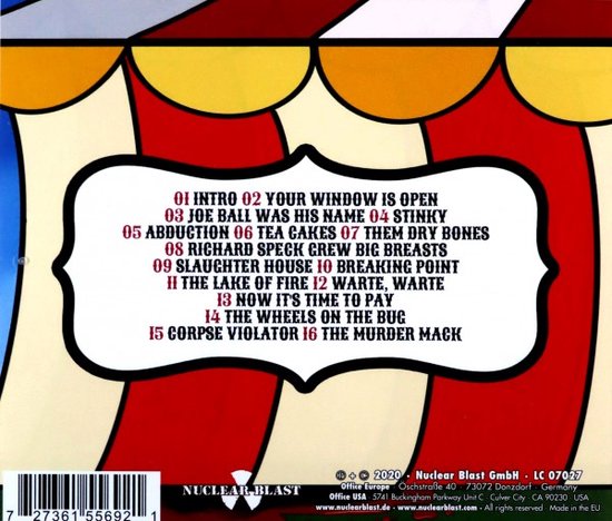 Achterkant CD-hoesje met een circus-thema achtergrond in rood, wit en geel. Tracklist staat op een witte, wolkachtige vorm.