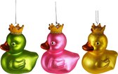 Viv! Christmas Kerstornament - Badeend met Kroon - set van 3 - glas - felle kleuren - 9cm