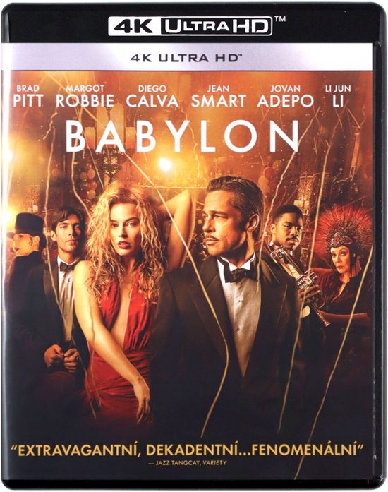 De cover van de Babylon 4K Ultra HD Blu-ray toont de hoofdrolspelers Brad Pitt en Margot Robbie in feestelijke kleding, omringd door andere acteurs.