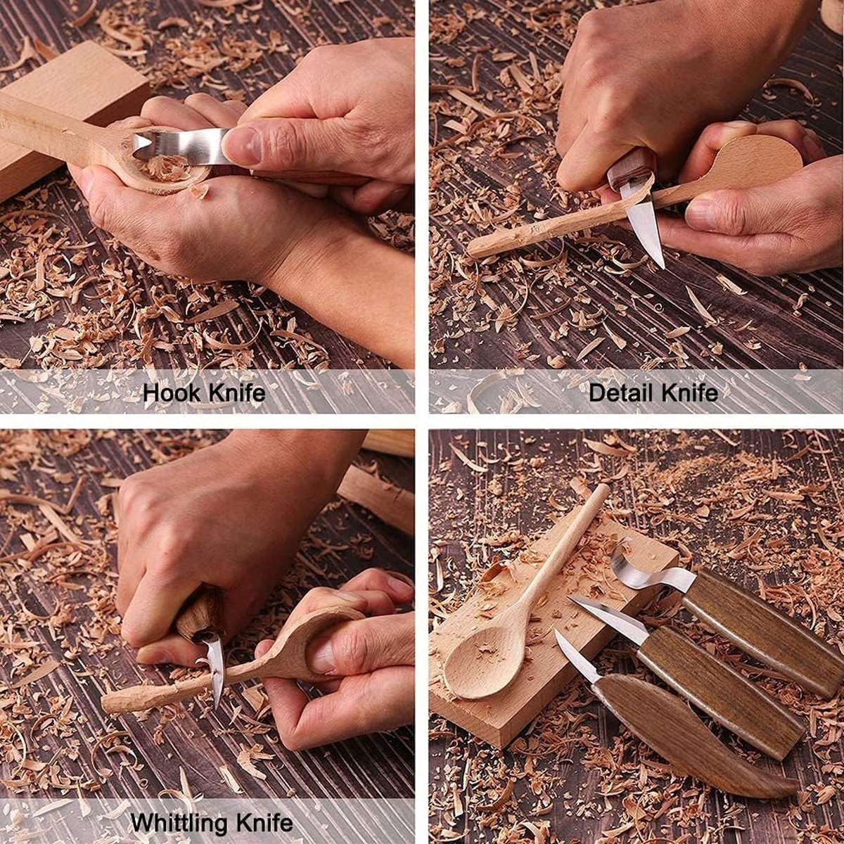 Houtsnijwerkset, 7-delig houtsnijmes met slijpstenen, professioneel houtsnijmesgereedschap, ideale vleesmessenset voor beginners en professionals met snijbestendige handschoenen