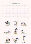 Kalender met 9 yoga poses in blauw en groen sportkleding voor december.