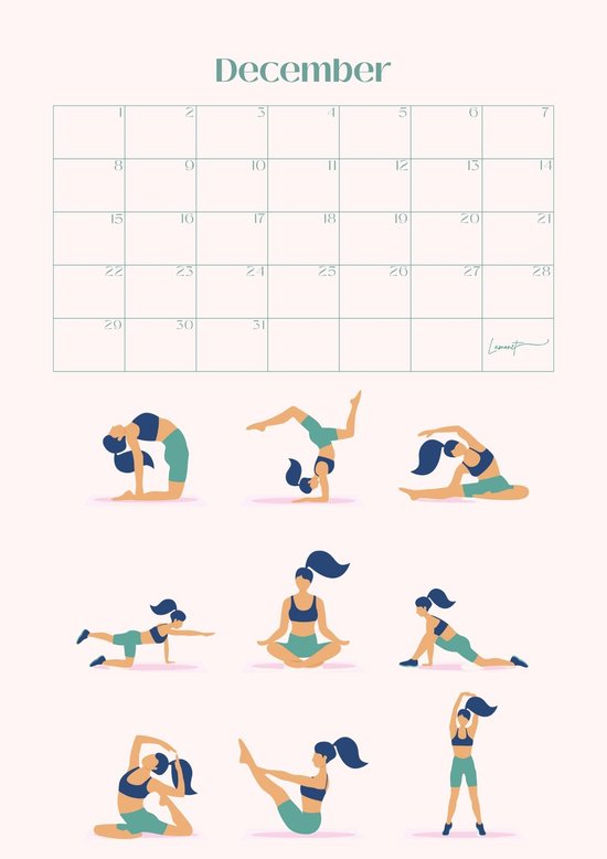 Kalender met 9 yoga poses in blauw en groen sportkleding voor december.