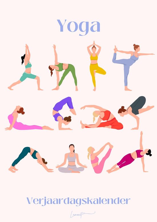Yoga verjaardagskalender met 11 yoga illustraties in diverse sportkledingkleuren.