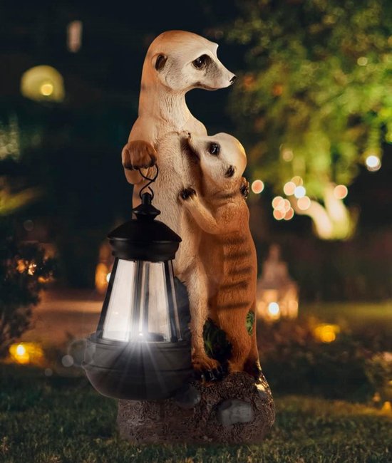 Figurine suricate peinte à la main avec lumière Solar LED - Sans fil avec capteur automatique de lumière du jour - Jusqu'à 8 heures d'autonomie - Dimensions : 30 x 14 x 11 cm - Éclairage solaire de jardin - Décoration de Jardin