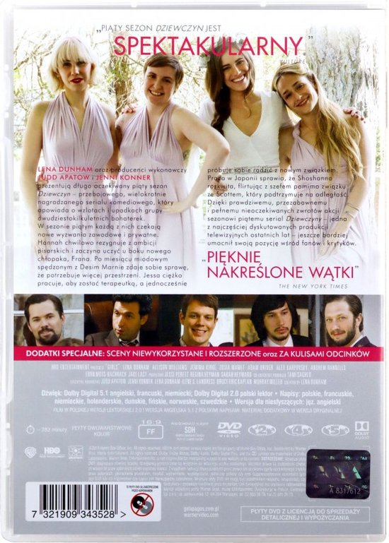 Achterkant van de dvd-hoes van 'Girls' Seizoen 5, met castfoto's en tekst.