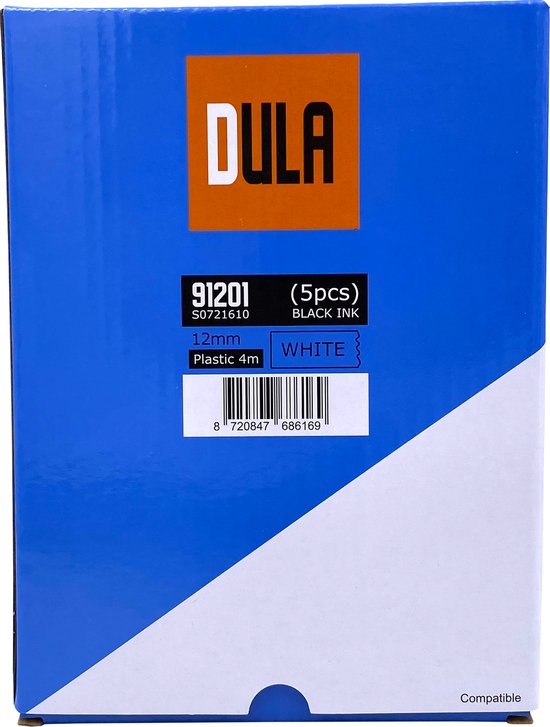 DULA Dymo LetraTag labels - Plastic, Zwart op Wit - 12mm x 4m - 91201 | bol