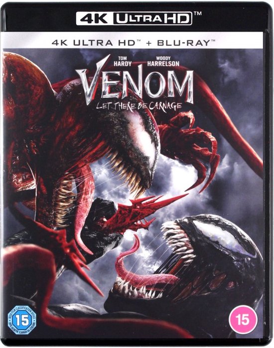Venom: Let There Be Carnage 4K Ultra HD + Blu-ray hoes. Twee Venom-wezens met grote tanden vechten. "VENOM LET THERE BE CARNAGE"-logo.