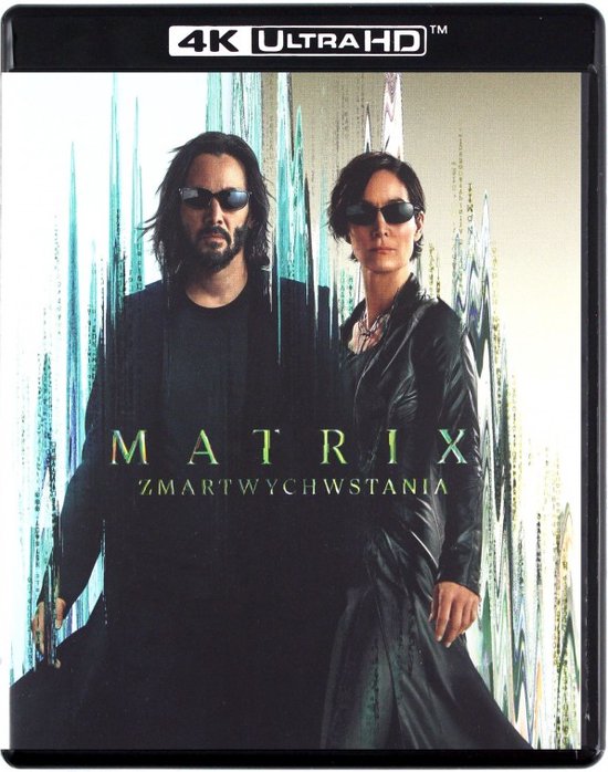 Neo en Trinity, beiden met zonnebril, staan naar voren gericht op de voorkant van de "Matrix Resurrections" Blu-ray hoes.